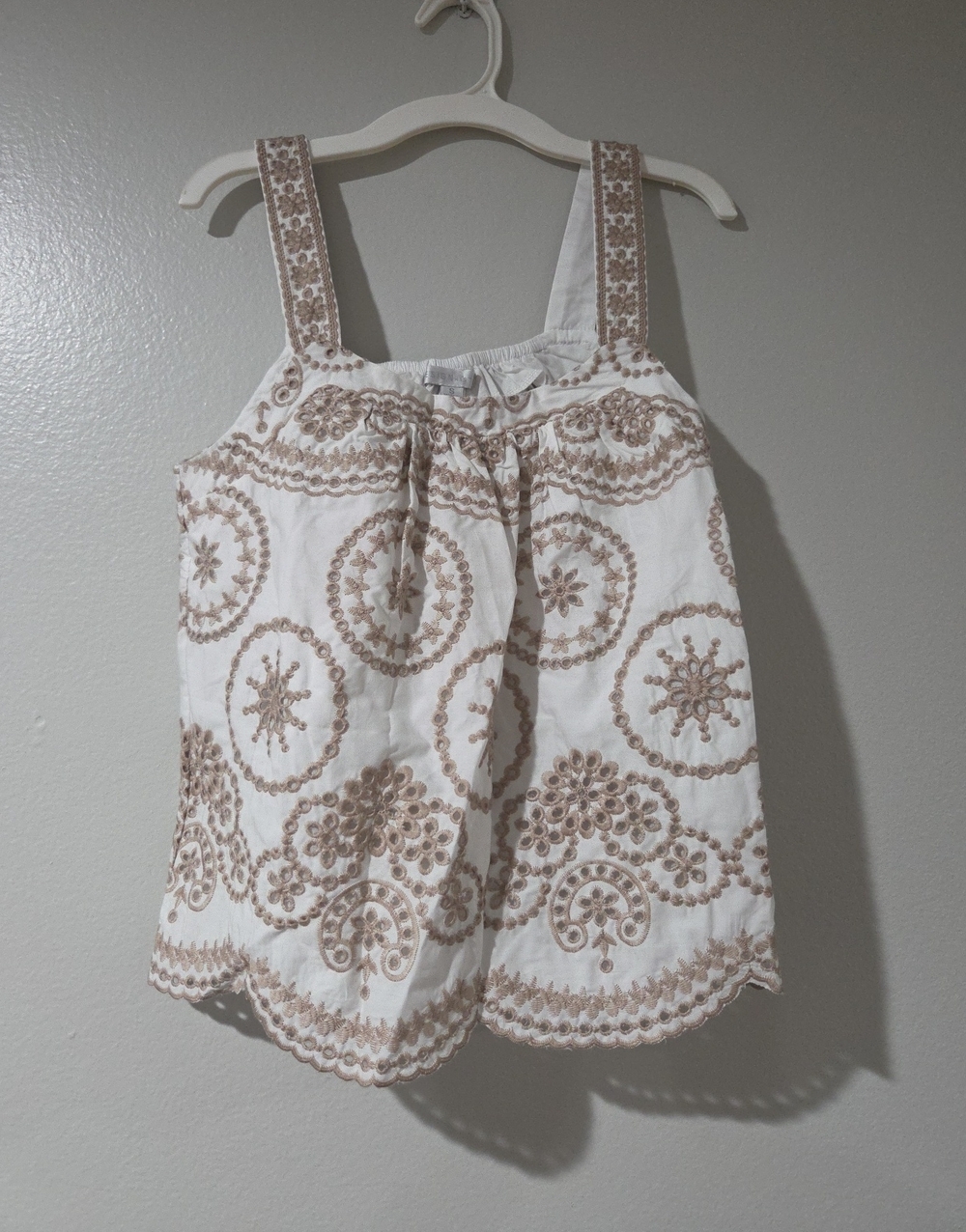 Design History White Tank Top with Tan Embroidered Medallions